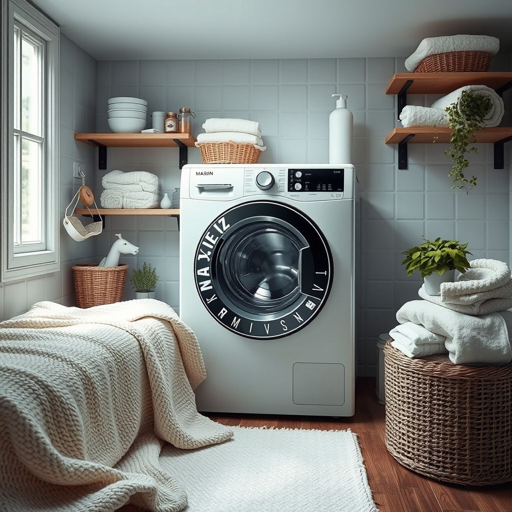 Une main retire délicatement une couverture texturée crème aux franges du tambour d'une machine à laver moderne. L'environnement lumineux suggère un espace de soin textile organisé, évoquant confort et attention particulière aux tissus.
