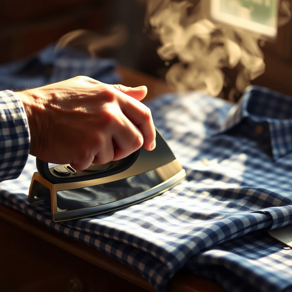 Une main saisit avec assurance la poignée d'un fer à vapeur traditionnel, pressant délicatement une chemise à carreaux bleus parfaitement étalée, le tissu lisse brillant sous la vapeur. L'environnement suggère un soin méticuleux et un travail artisanal.