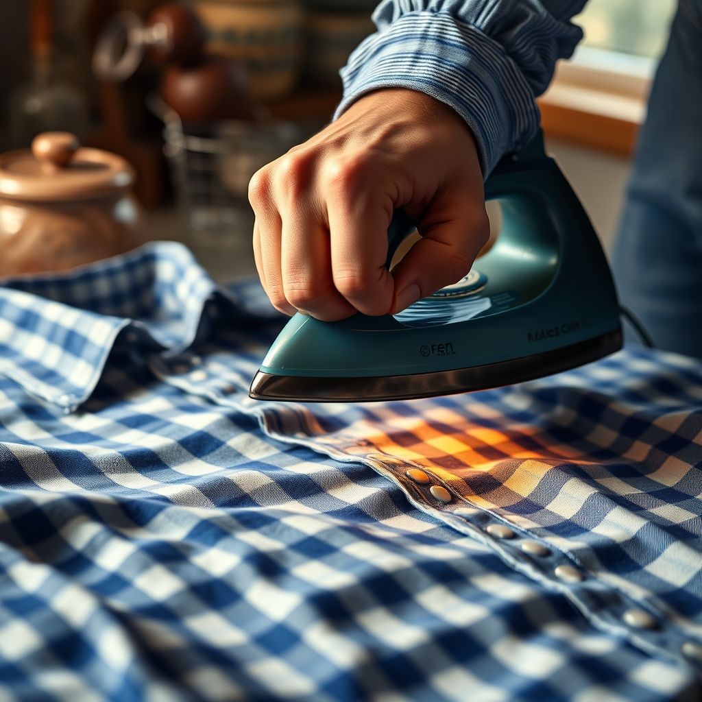 Une main saisit avec assurance la poignée d'un fer à vapeur traditionnel, pressant délicatement une chemise à carreaux bleus parfaitement étalée, le tissu lisse brillant sous la vapeur. L'environnement suggère un soin méticuleux et un travail artisanal.