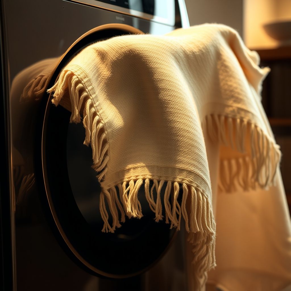 Une couverture douce crème avec des franges est retirée doucement d'une machine moderne, symbolisant le soin apporté aux matières nobles pour un confort optimal.