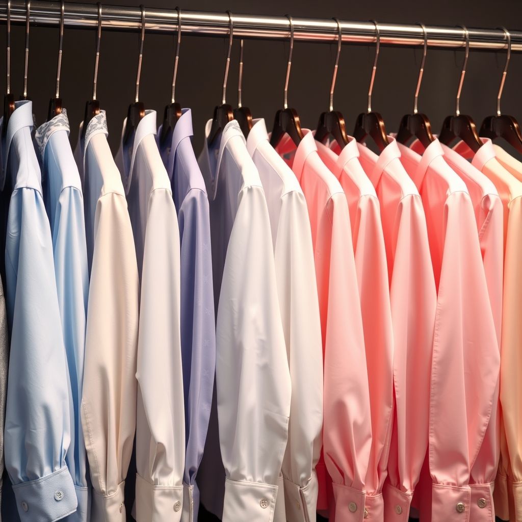 Une rangée organisée de chemises haut de gamme soigneusement repassées, protégées par des housses transparentes, exposées sur des cintres métalliques. Les couleurs varient du bleu clair au rose pâle avec des motifs discrets, sous un éclairage professionnel valorisant les textures et la qualité.