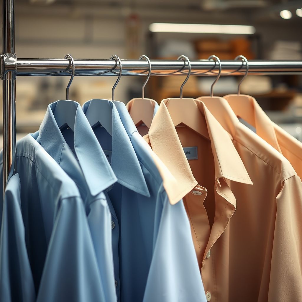 Une présentation élégante de chemises soigneusement pliées et suspendues sur un portant métallique, déclinées en couleurs pastel et teintes profondes comme le bleu et le beige. Chaque chemise affiche des cols impeccables, avec une pièce à col original attirant l'œil. En arrière-plan, un atelier de couture flou, avec un éclairage doux soulignant la fraîcheur des vêtements. Cette composition évoque un univers de professionnalisme et de qualité.